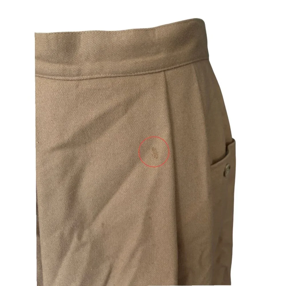 Vintage 70s Women's Size 7/8 tan Wool A-Line Pleat Front Midi Skirt with Pockets